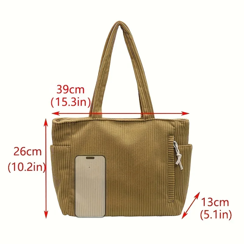 Lässige Cord-Handtasche mit Reißverschluss, leicht und geräumig, mit festem Schultergurt, einfarbig für den täglichen Pendelverkehr, Einkaufen und Ausflüge – Baigou Style Random Handbag – Detail 3