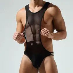 Mens Sexy Mesh See-Through Thin Thong Jumpsuit Nightclub Sports Fitness Training Personality Home Erotic Youth Mens Jumpsuit