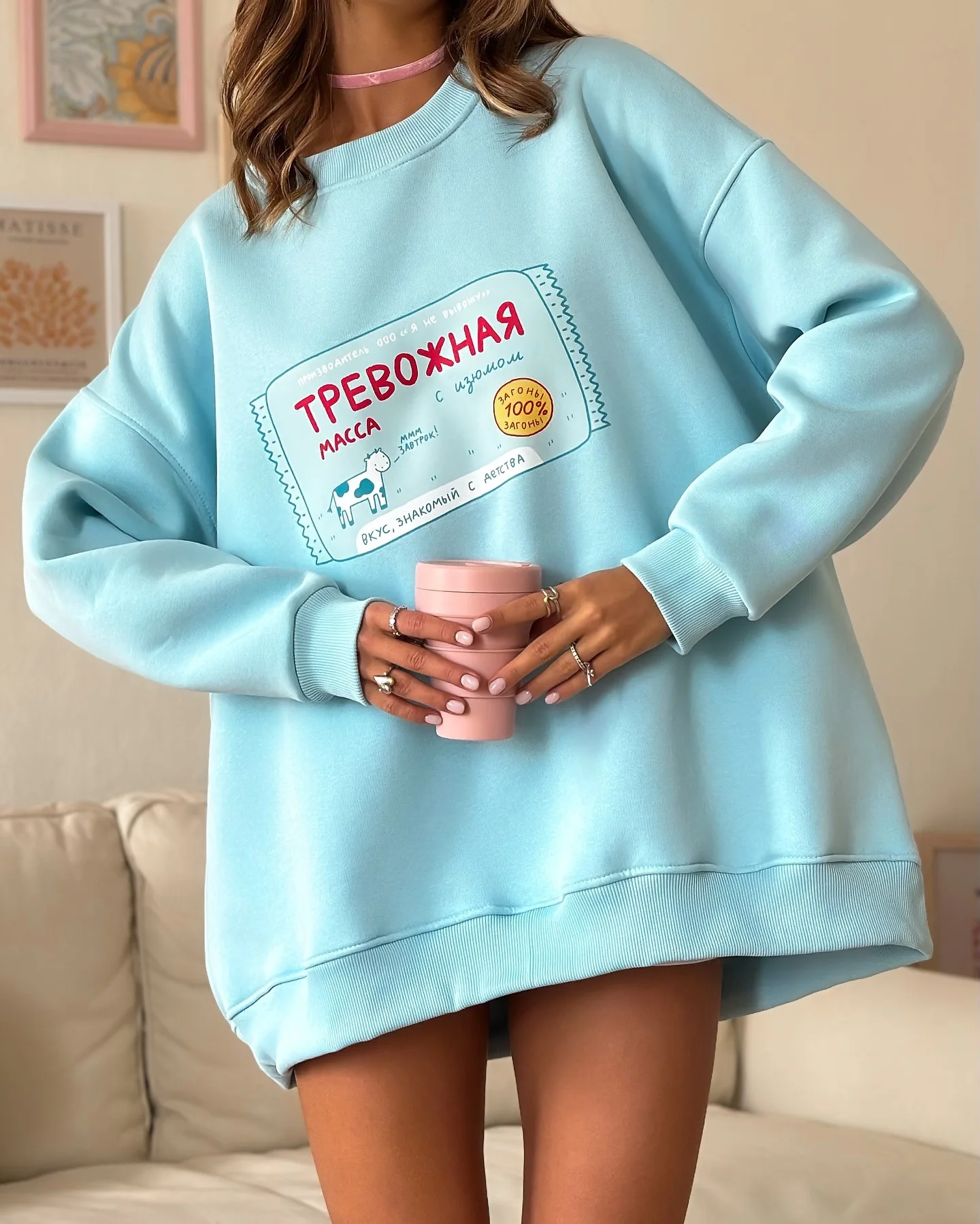 Russian Letter Printed Hoodie Round Neck Loose Casual Style Women\'s Clothing Cotton Comfortable And Soft Top