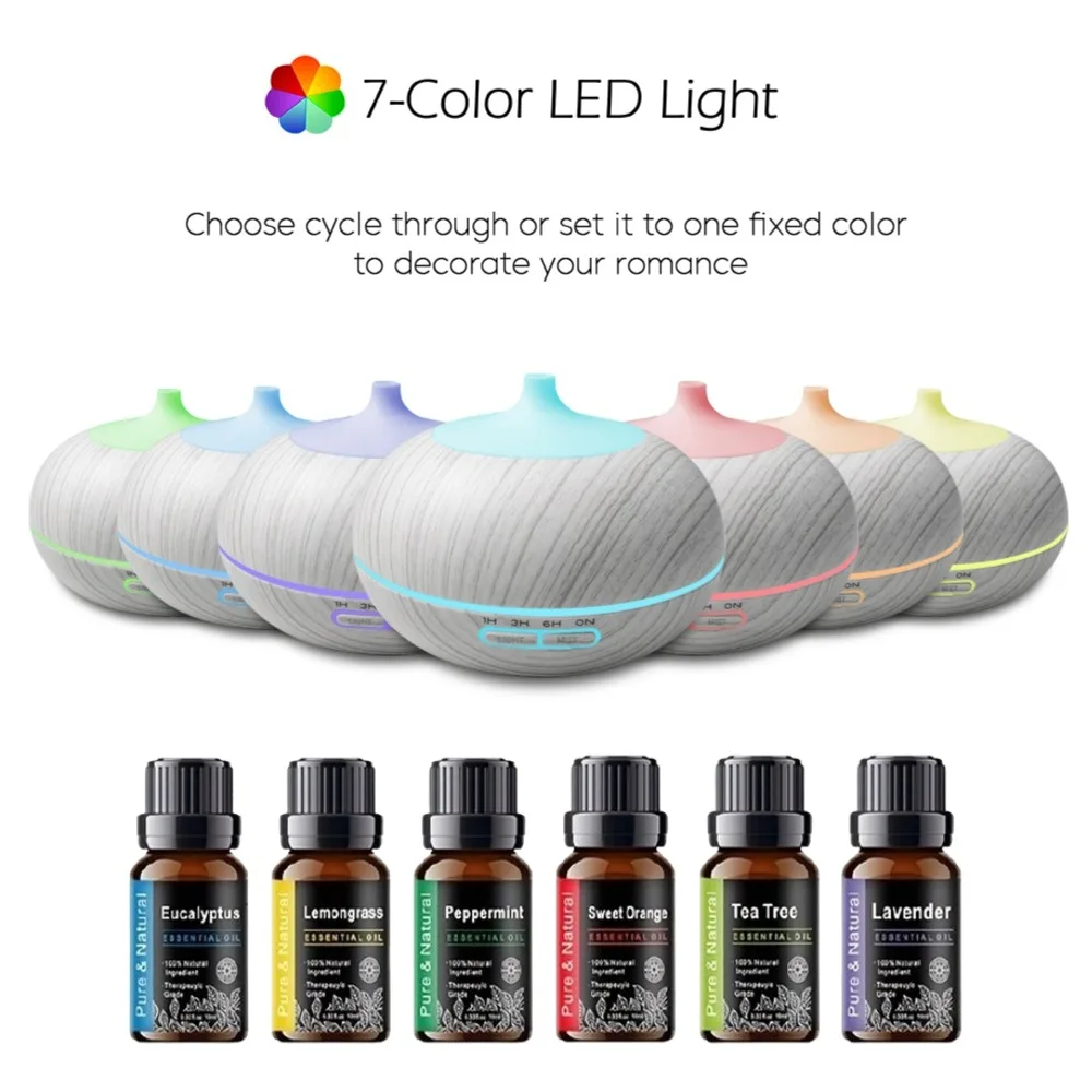 

Диффузор для дома, диффузор эфирного масла 550 мл для спальни, офиса, деревянного стиля, ультразвуковой увлажнитель с дистанционным управлением и цветным ча