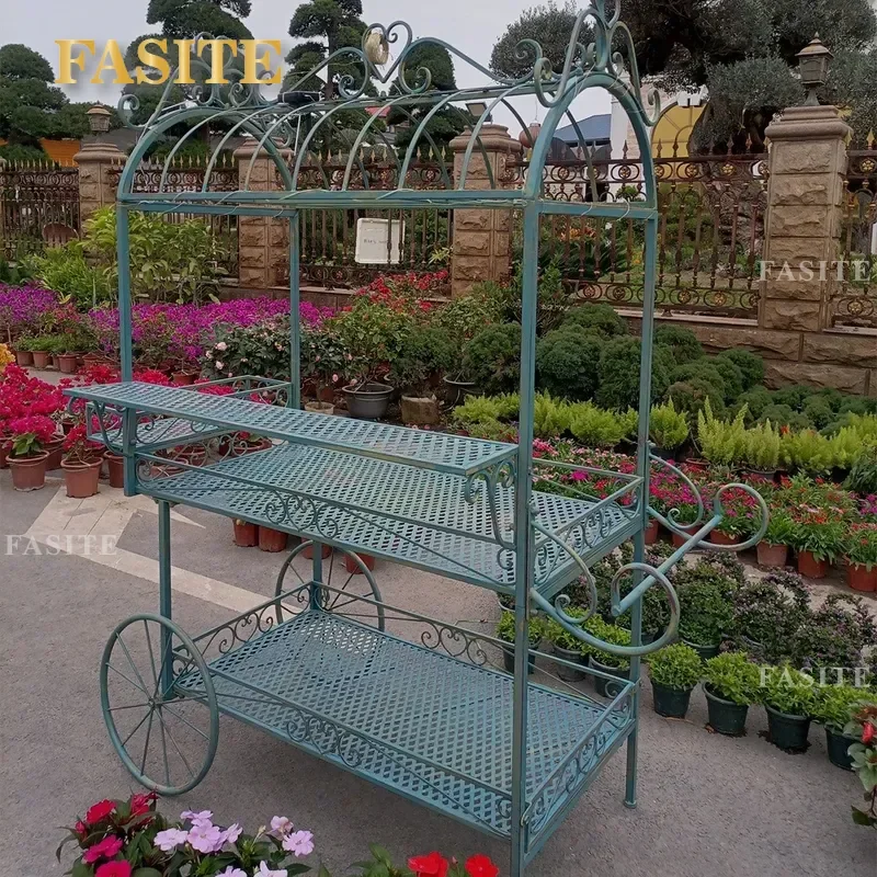 For Villa Courtyard Two Tier Flower Stand Cart Large Outdoor Garden Terrace Plant Display Rack Durable Metal Storage Shelf