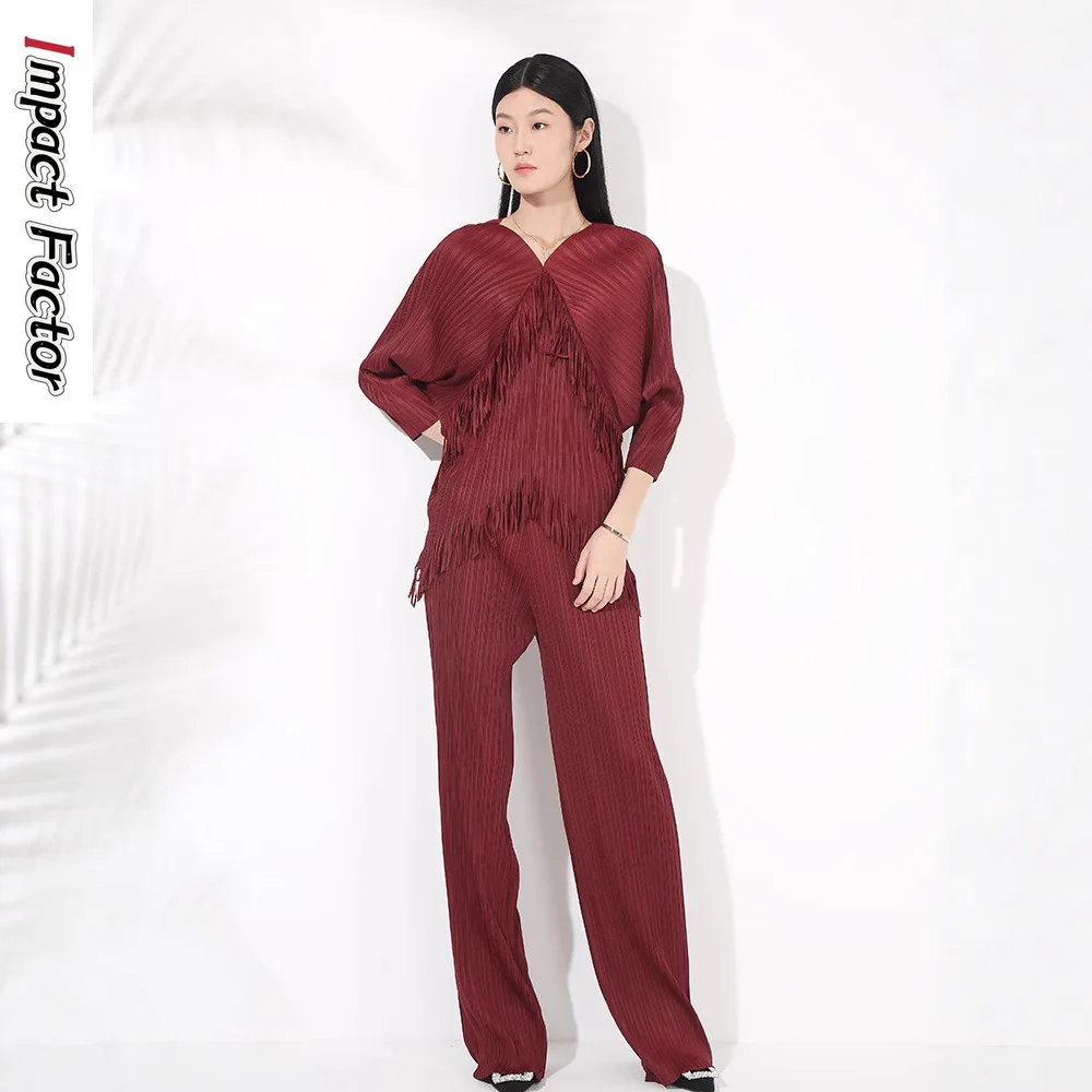 

Miyake Fashion Suit High Sense Tassel Splicing V-Neck Bat Sleeve Top High Waist Straight Pants Two-piece Set