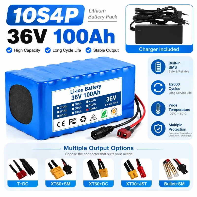 36V 100Ah Lithium-Ionen-Akku 10S4P 3600Wh Hochleistungs-Akku mit intelligentem BMS-Ladegerät für Elektrofahrräder, E-Bikes, Roller und Solarenergiespeicher