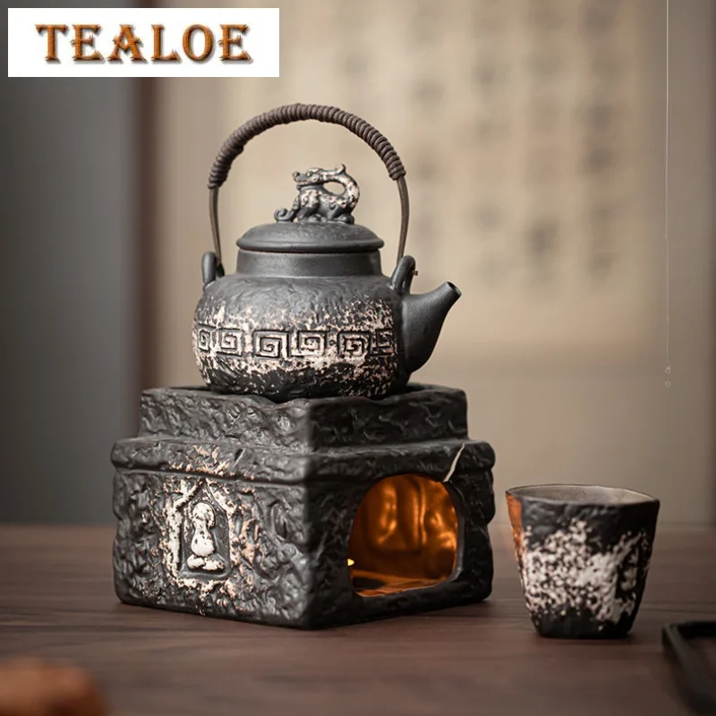 

Handmade Wabi Sabi Black Pottery Buddha Tea Warmer Holder Candle Heater Stove Kettle Stand Baked Milk Jar Carbon Furnace Tea Set