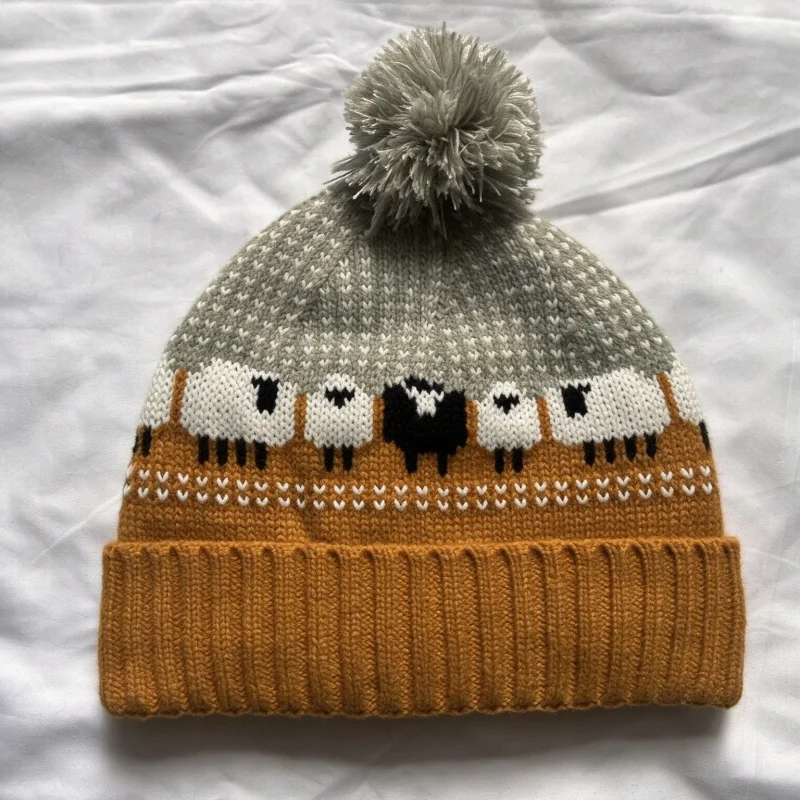 Bryan Inspired Sheep Jacquard Pom Pom Beanie, Soft Warm Winter Knit Hat for Cold Weather