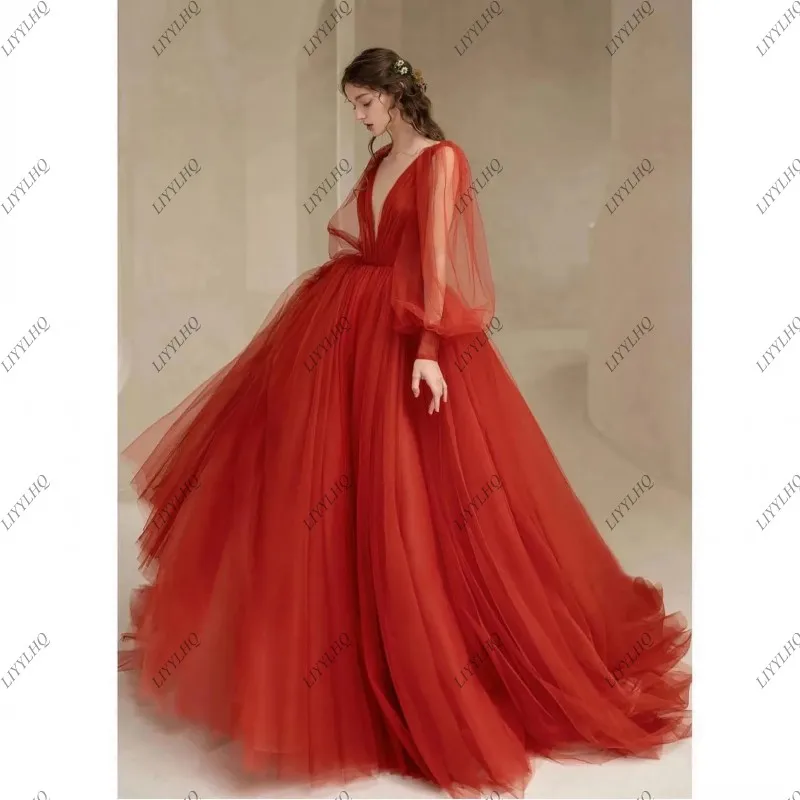 LIYYLHQ Puffy Prom Dresses For Elegant Women Ball Gown Sheer Long Sleeve V-Neck Floor Length Organza Draped Formal Occasion Gown