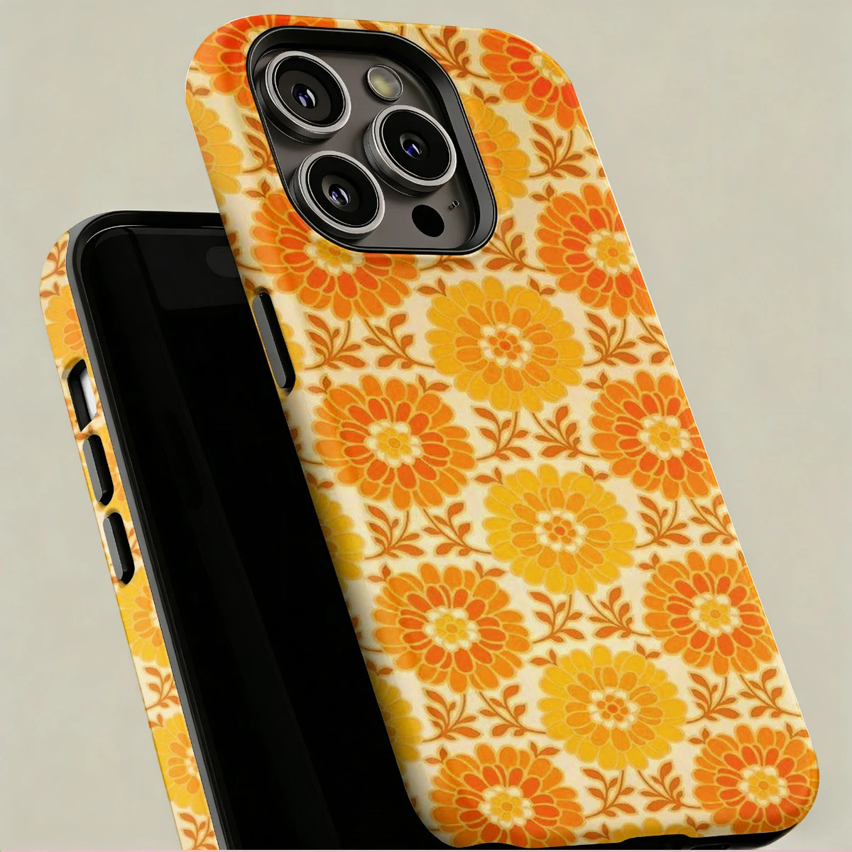 Orange artistic flower pattern dual-layer Film phone case, suitable for iPhone 17, 16, 15, 14, 13, 12, 11, etc.