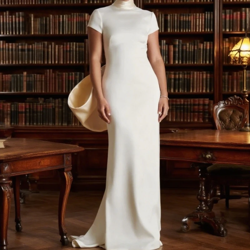 

Белое атласное вечернее платье высокого качества по индивидуальному заказу с высоким воротником и короткими рукавами, платья знаменитостей на заказ, платья для особых случаев с бантом и открытой спиной