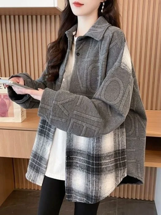 

Американский Sle Long Sve irt Jaet, женская осенне-зимняя верхняя одежда свободного покроя в клетку с надписями, воротник на пуговицах