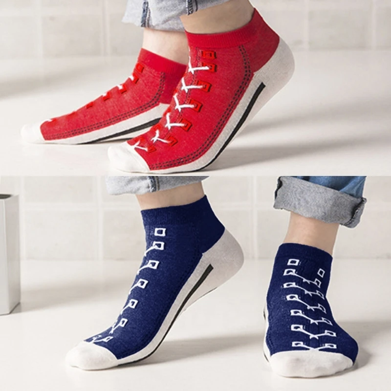 Unisex Cotton Short Boat Socks Fun Lace-Up Canvas Shoes 3D Print Striped Hosiery