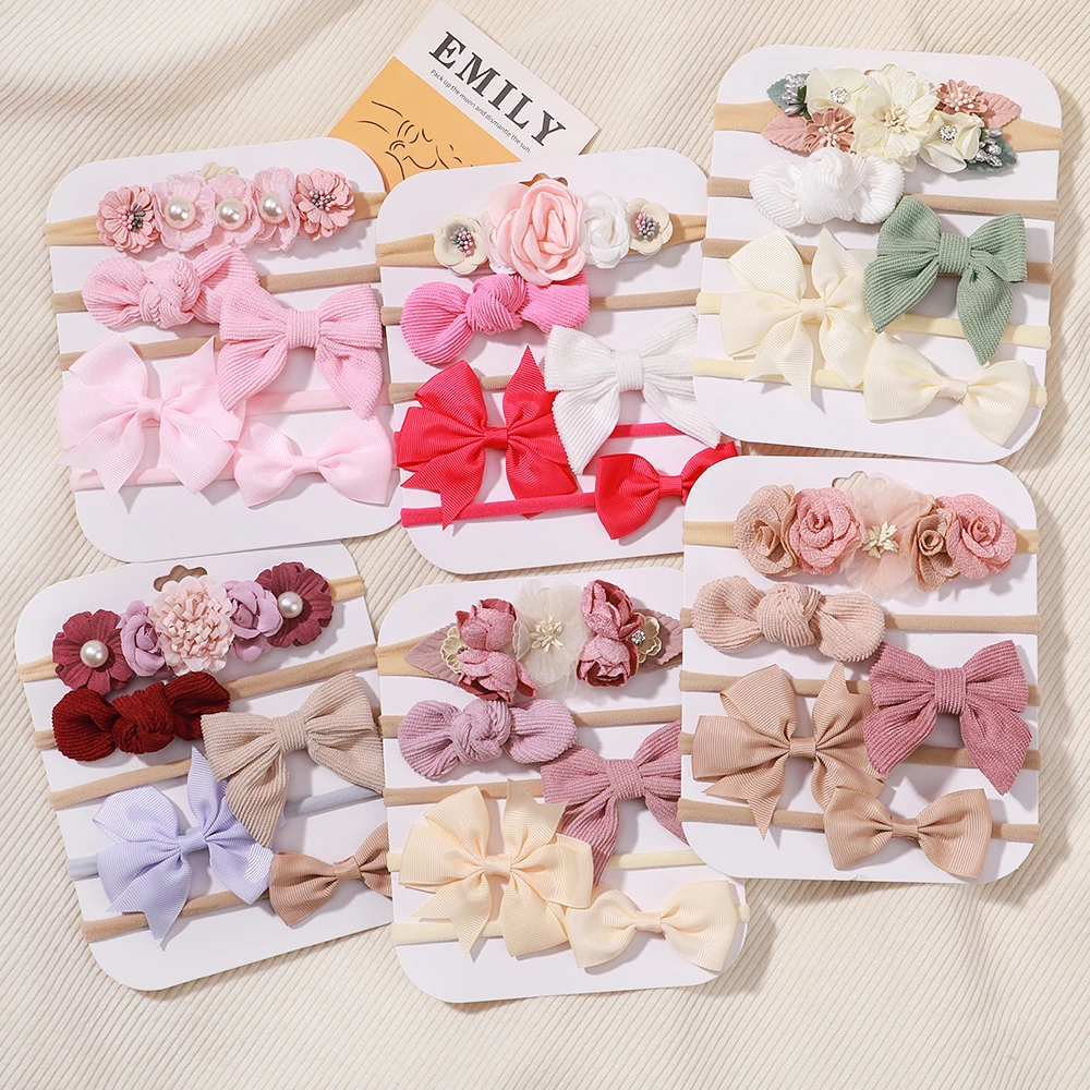 Sweet Baby Elastic Nylon Headband Newborn Flower Lace Bow Hair Bands for Girl Infant Toddler Soft Babe Hair Accessories 5pcs/set