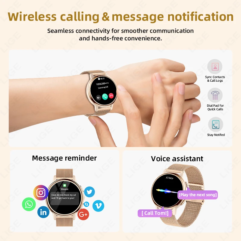 LIGE New Women's Smart Watch Amoled HD Screen Sports Heart Rate Bluetooth Call IP68 Waterproof Ladies Smartwatch For Android iOS