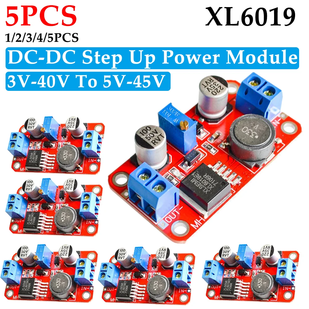 1-5 pz XL6019 5A DC-DC modulo di alimentazione Step Up convertitore Volt Boost corrente ad alta potenza 3V-40V a 5V-45V DC-DC uscita regolabile