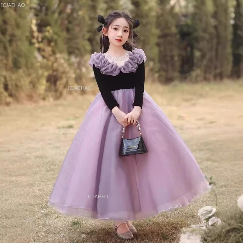 

Long Sleeve Performance Dress for Girls Costume Party Pageant Formal Celebration Kids Dresses New Children Lace Tulle Puffy Gown