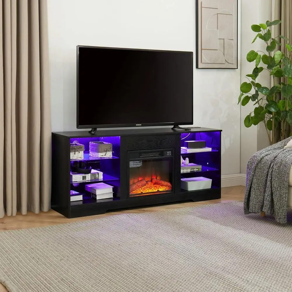 18 Electric Fireplace TV Stand with LED Lights, USB Ports, and Glass Shelves for TVs up to 62, Black