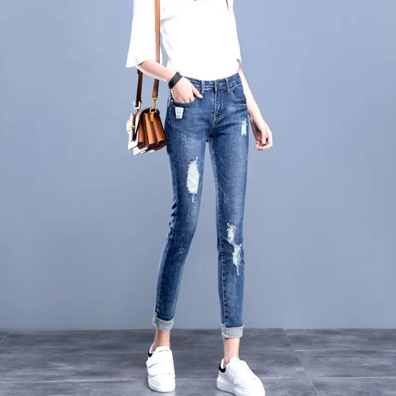 Streetwear Skinny Ripped Hole Jeans For Women 2022 High Waist Vintage Blue Pencil Denim Pants Korean Capris Slim Cowboy Trousers