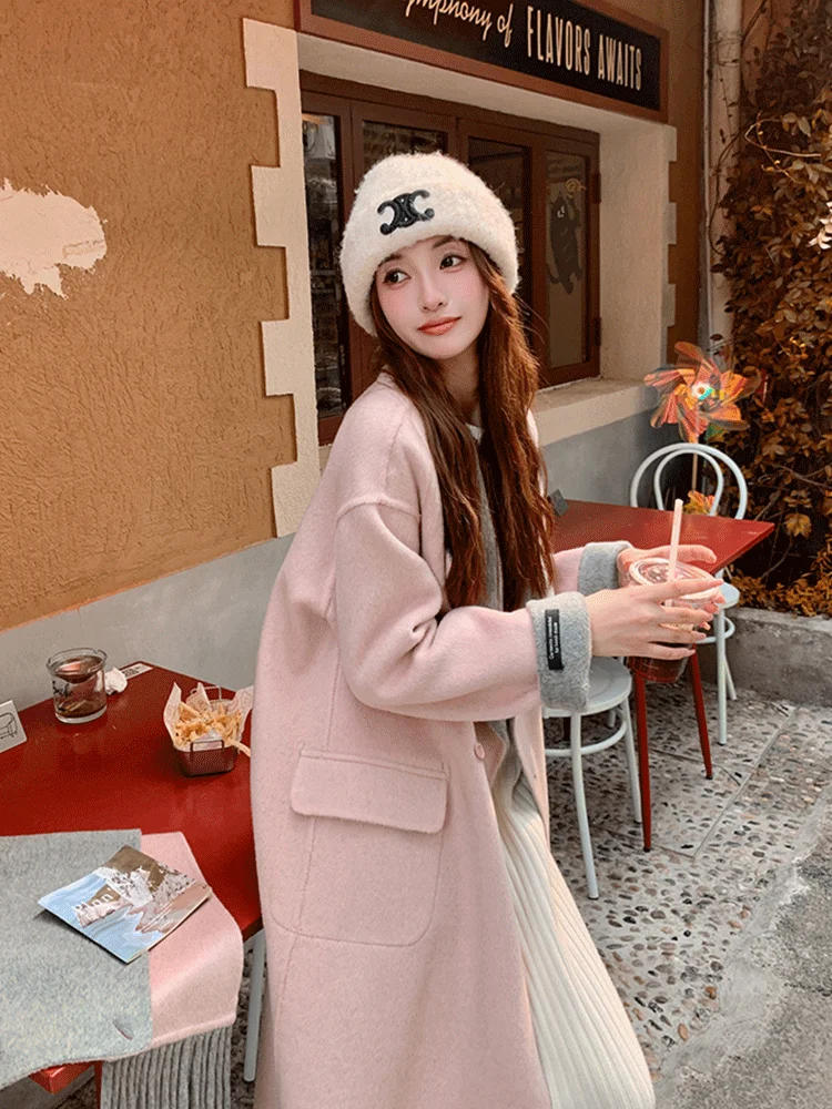 

Pink Double-Sided Woolen Coat Women's Loose Fit Autumn Winter New Sle Korean Version Meen Sweet School orm Sle