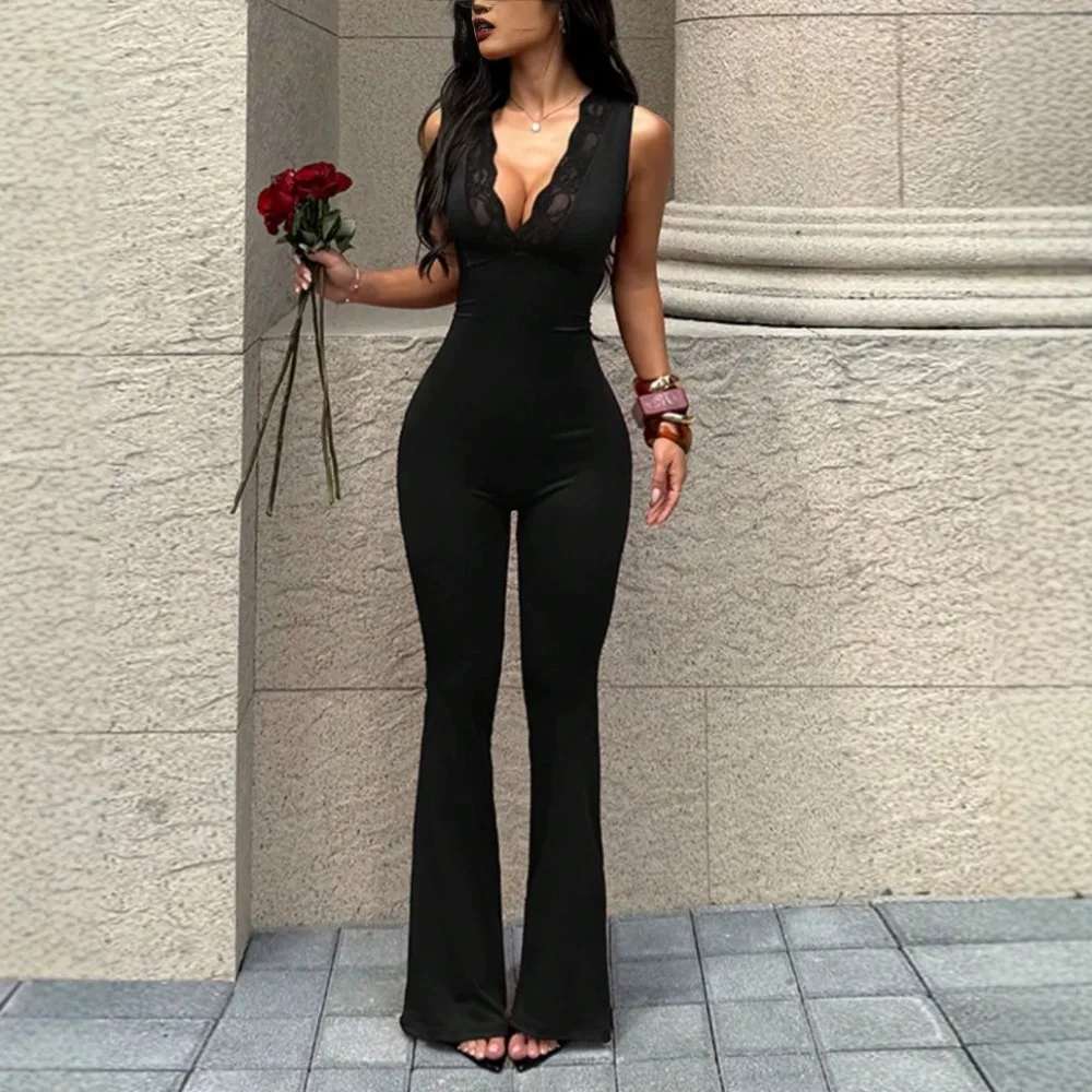 

2026 Spring /Summer New Solid Color Sexy Lace Sleeveless V-neck Splicing Slimming Jumpsuit Pants Office Commuter Casual Clothing