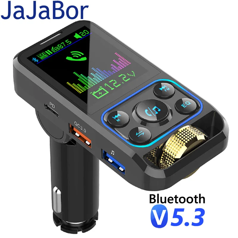 

JaJaBor Car FM Transmitter Bluetooth Handsfree Car Kit TF Card U Disk Play AUX Audio Receiver QC3.0 USB C PD Charger Mp3 Player