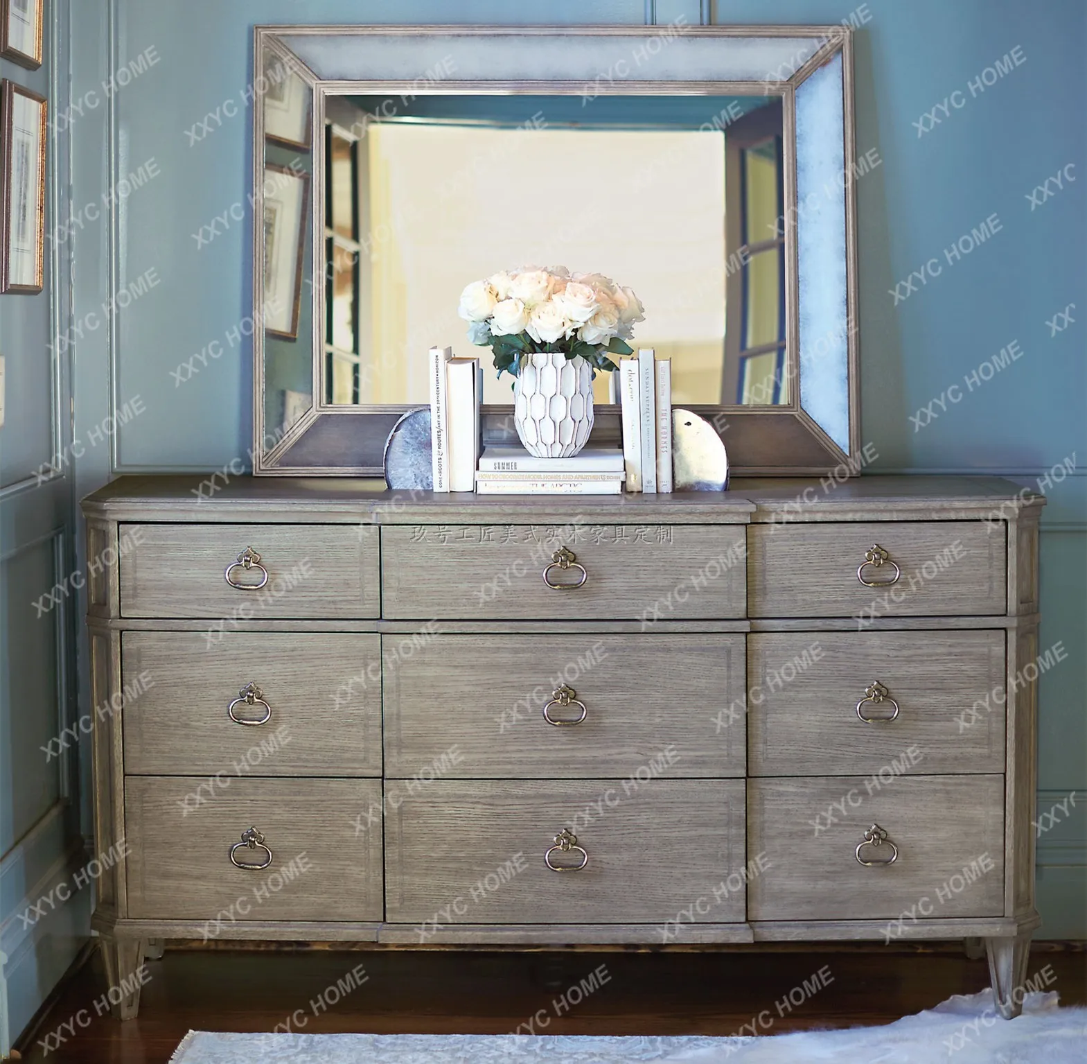 Classical furniture Bedroom solid wood chest cabinet Storage 9 bucket Drawer cabinet TV Dressing
