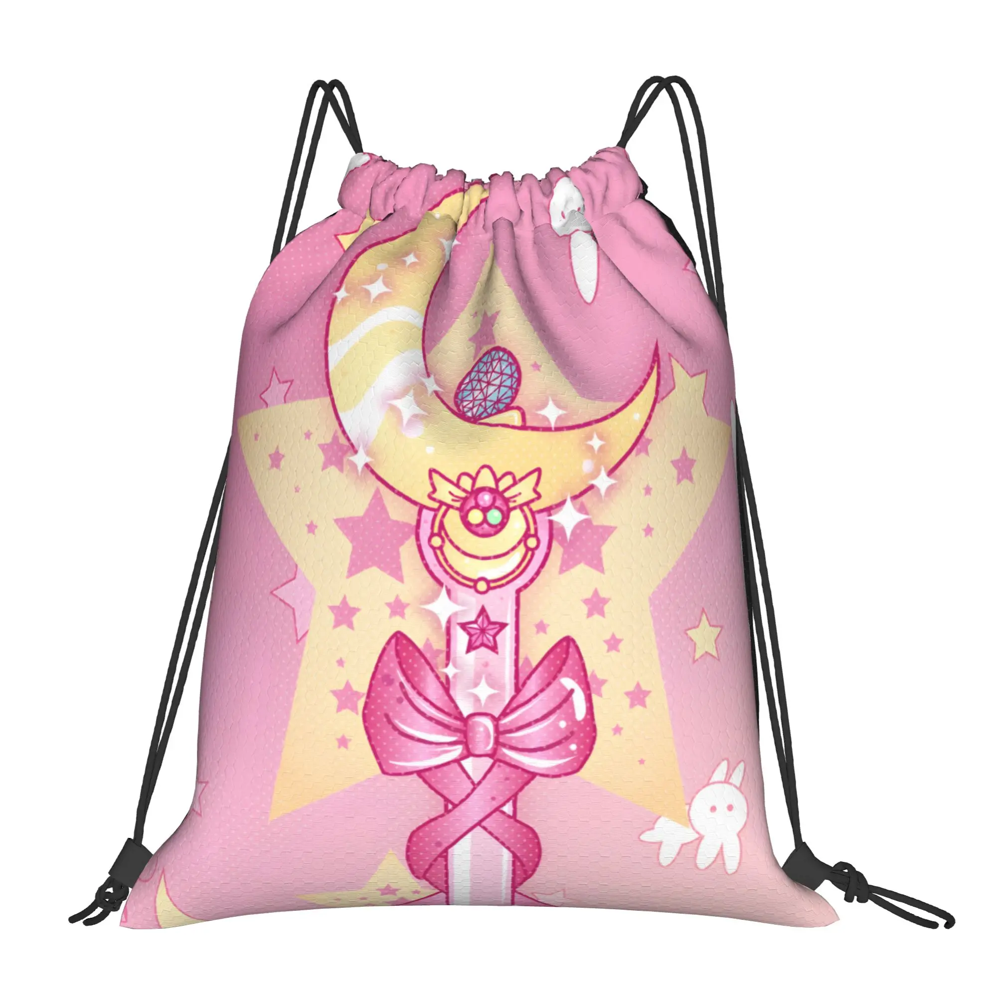 1 pc Pink Magical Staff Sailor Moon Print Drawstring Bags Men Women Storage Backpack Teenager Travel Bag