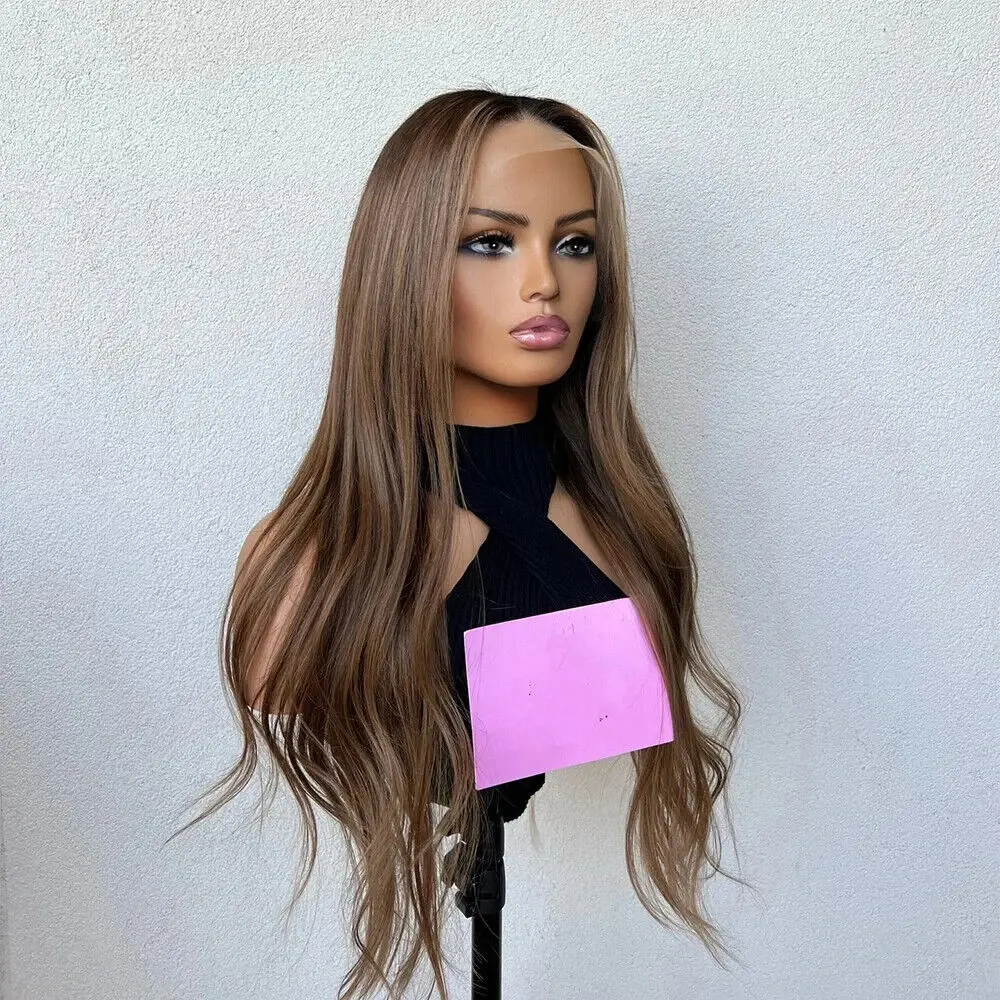 Lace Front Human Hair Blend Heat Ok Light Brown Wig Synthetic Women Soft Natural Wigs