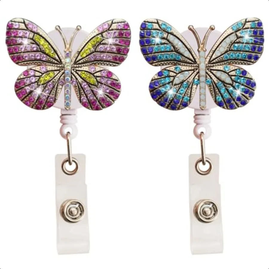 

2Pcs Retractable Butterfly Badge Reel Bling Diamond Nurse Badge Holder Reels with Swivel Alligator Clip for Teachers Students E