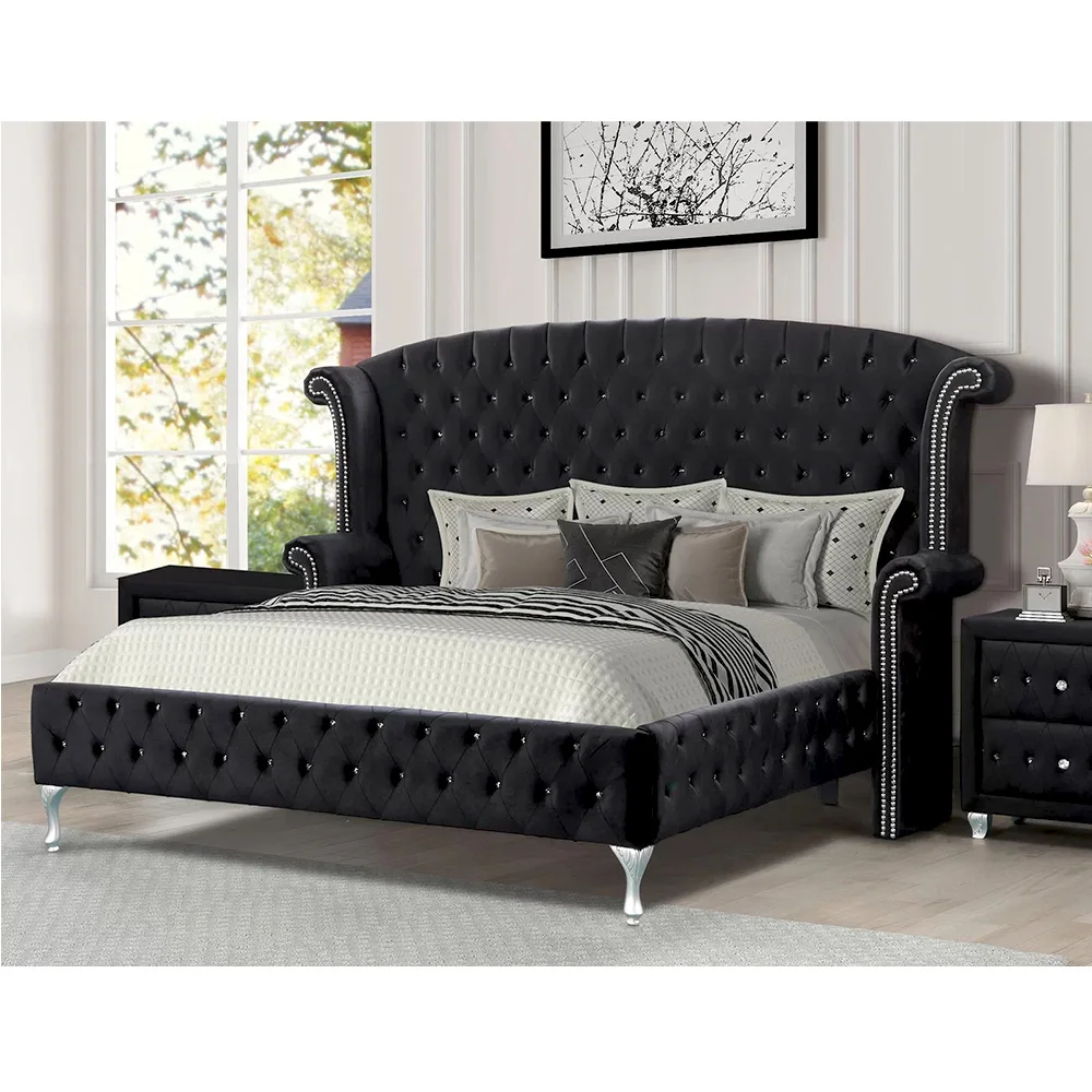 Velvet Luxury Furniture King Size Bed Frame Contemporary Upholstered King Size Bed with Night Tablespromote sales