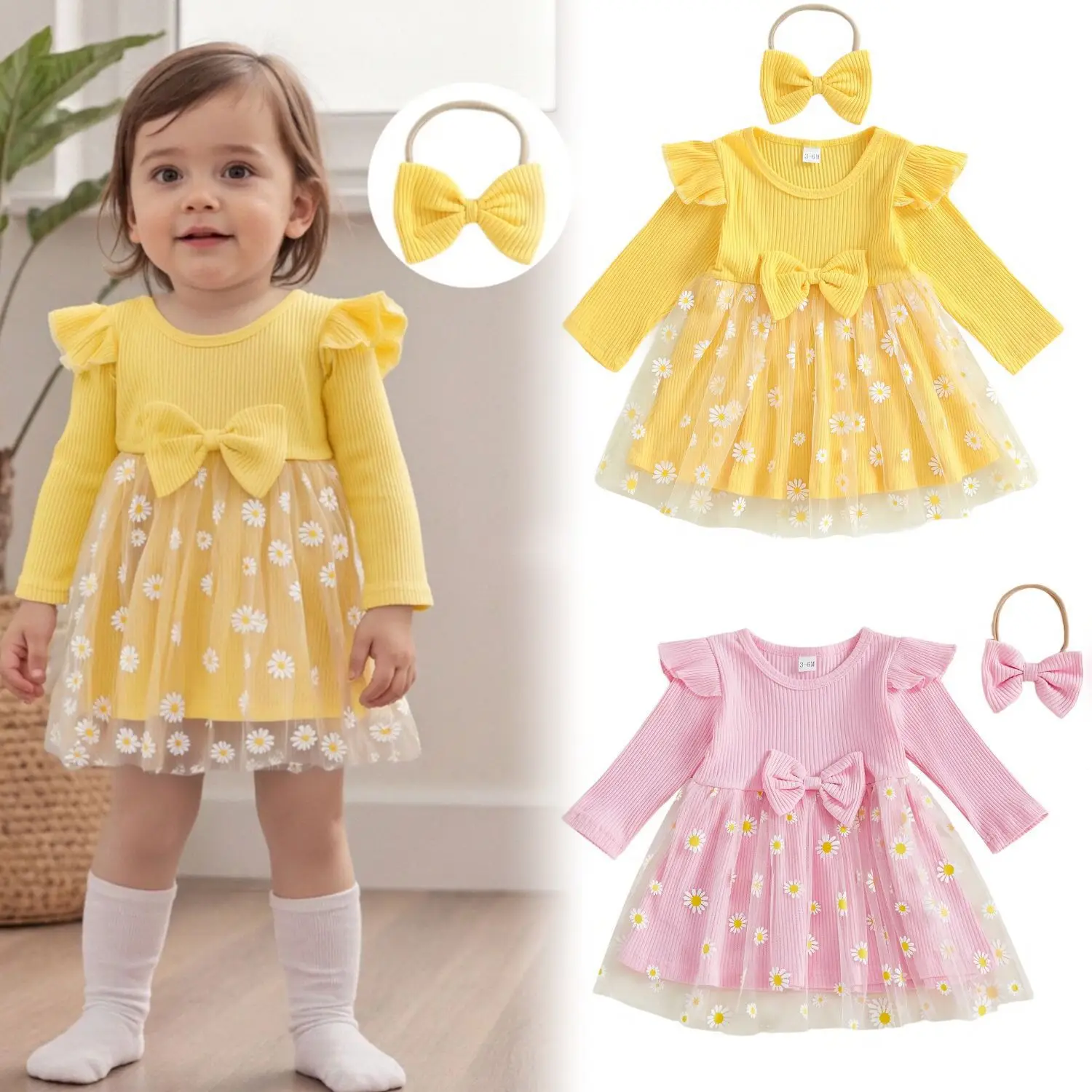 

Осеннее платье для девочек от 8 марта до 3-лета, милое маленькое морщинистое сетчатое платье с рукавами-крылышками и длинными рукавами + повязка на голову с бантом