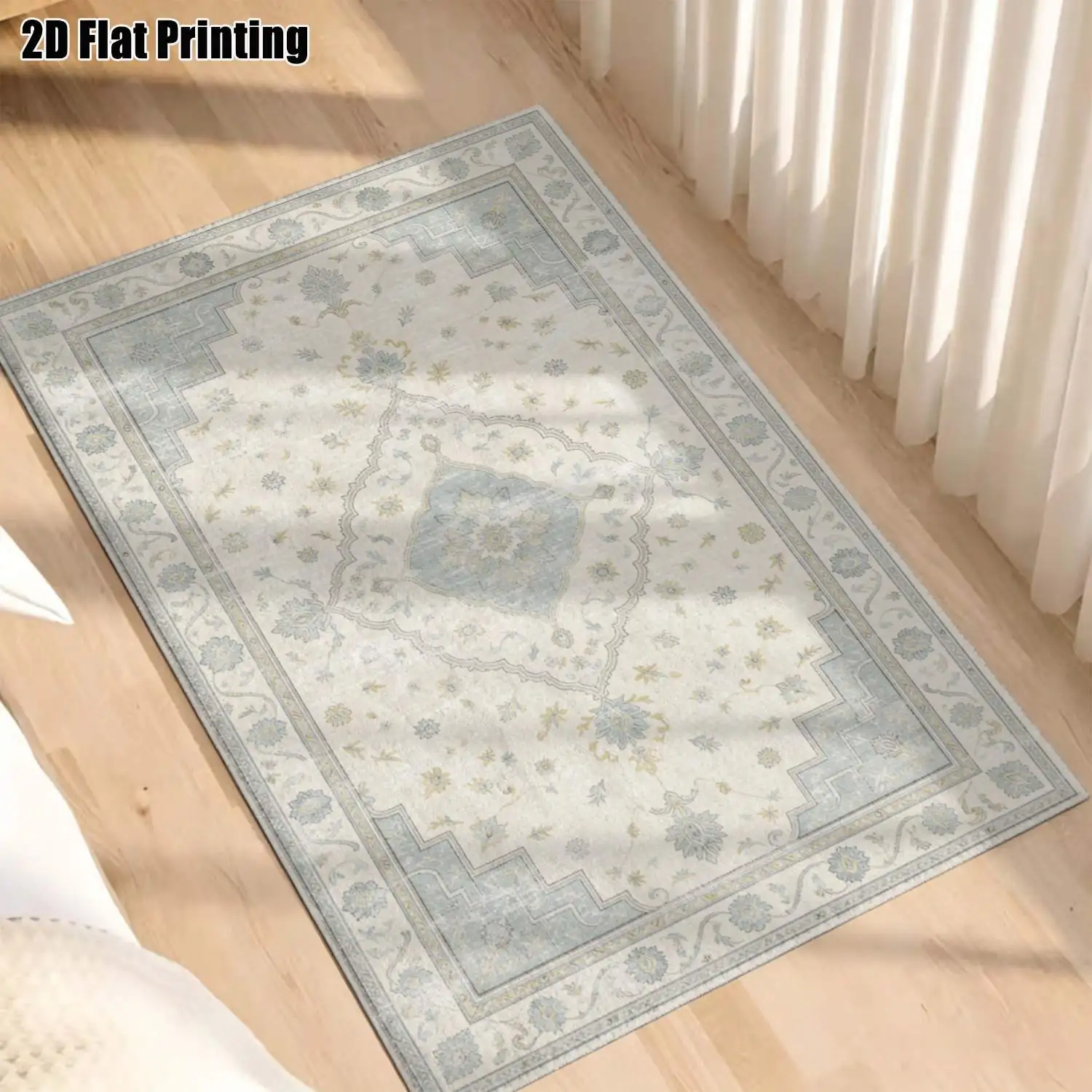 1Pc 2D Printed Carpet: Light Blue Retro Floral Pattern, European Style with Geometric Lines Machine Washable, Multi-Size, Ideal for Home Decor Such as Entryway, Dining Room, Foyer, Bedroom, Living Room.