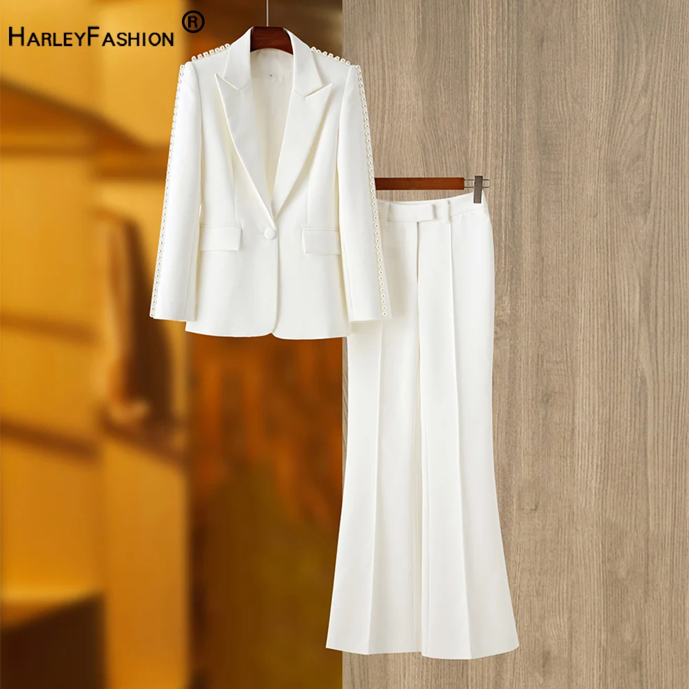 Unique Stunning Runway Design Pearl Beaded White Blazer Suit 2Pcs Flare Pants Sets Women Fashion Clothing