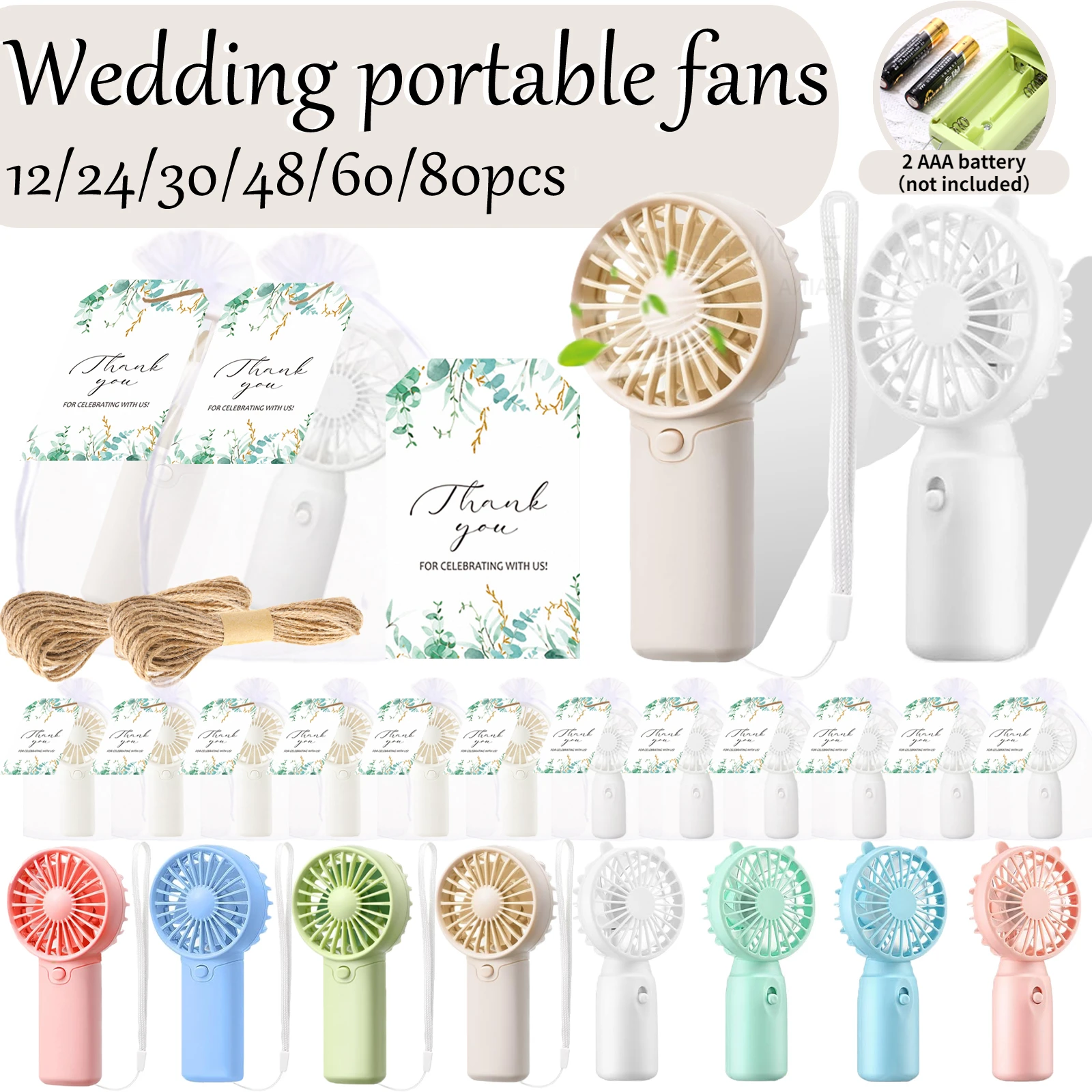 12-80PCS Portable Fans Bulk for Wedding Fans Mini Handheld Fans for Guest Battery Operated Fans Eyelash Fan with Thank You Cards