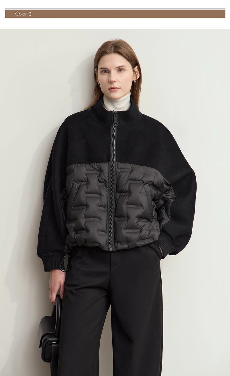 AMII Down Coats 100% Wool Stand Collar Loose Spliced Jackets for Woman 2024 Winter Warm New Casual Versatile Jacket 12454007