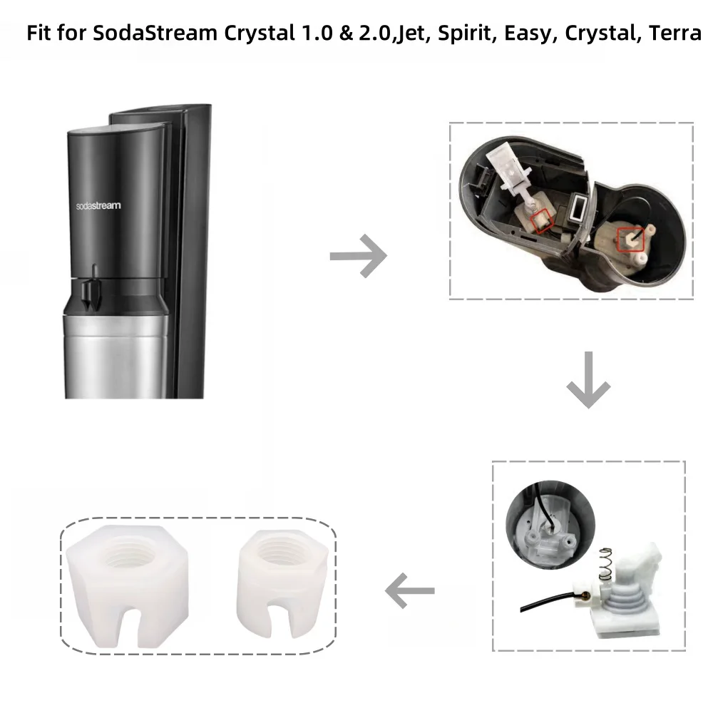 White SodaStream Crystal 1.0 2.0 Nozzle Replacement Nuts Set of Two, Quick-Fit CO2 Connector, Safe Gas Seal, Easy Installation