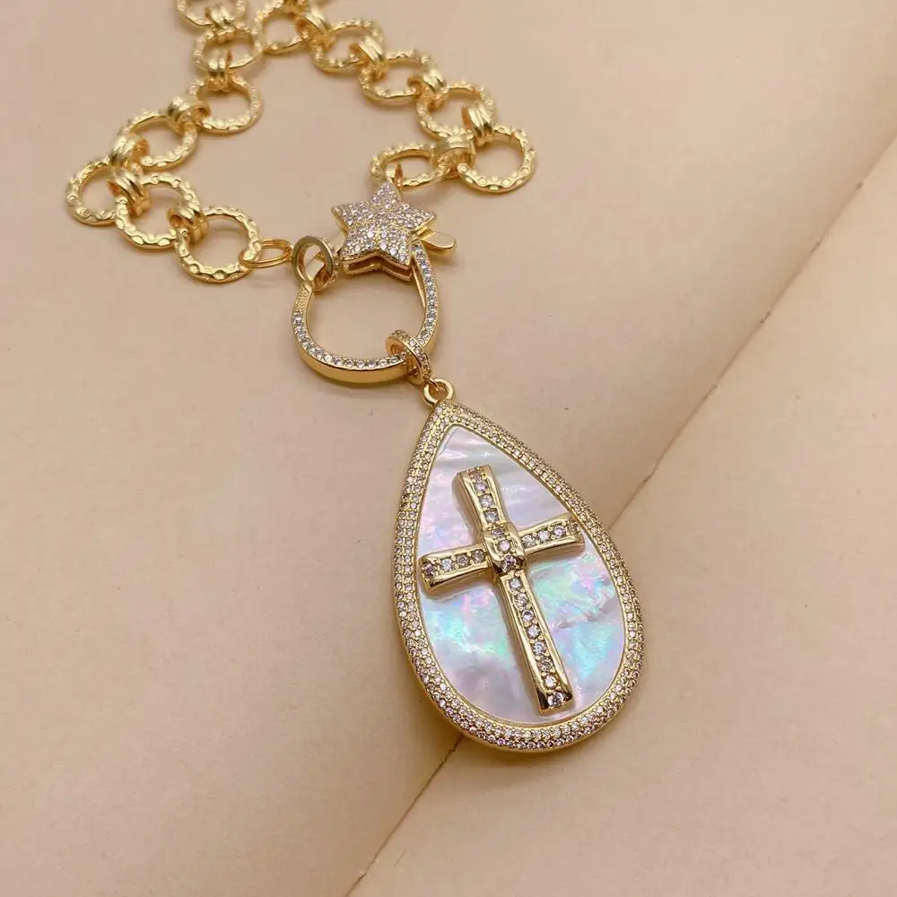 Y·YING Natural White Sea Shell Cz Pave Crucifix Pendant Gold Plated Chain Necklace