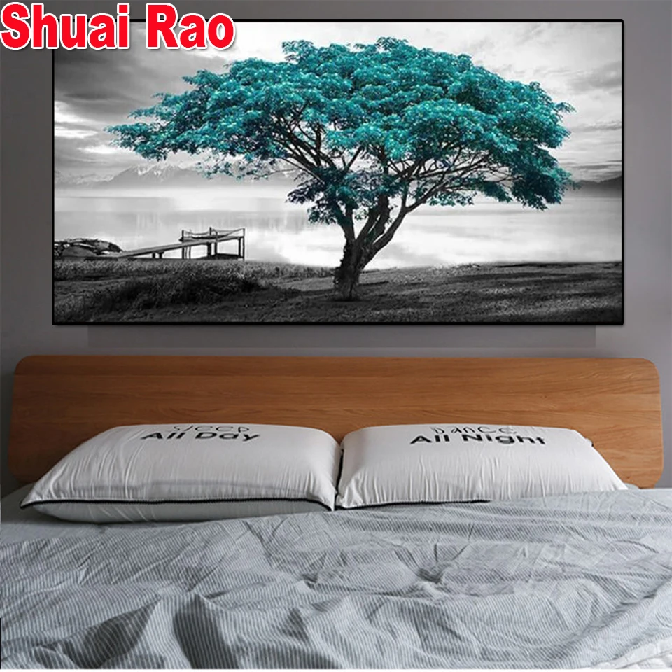 Paesaggio diamante ricamo albero blu bianco e nero decorazione della casa pittura diamante fai da te grande punto croce mosaico adesivo