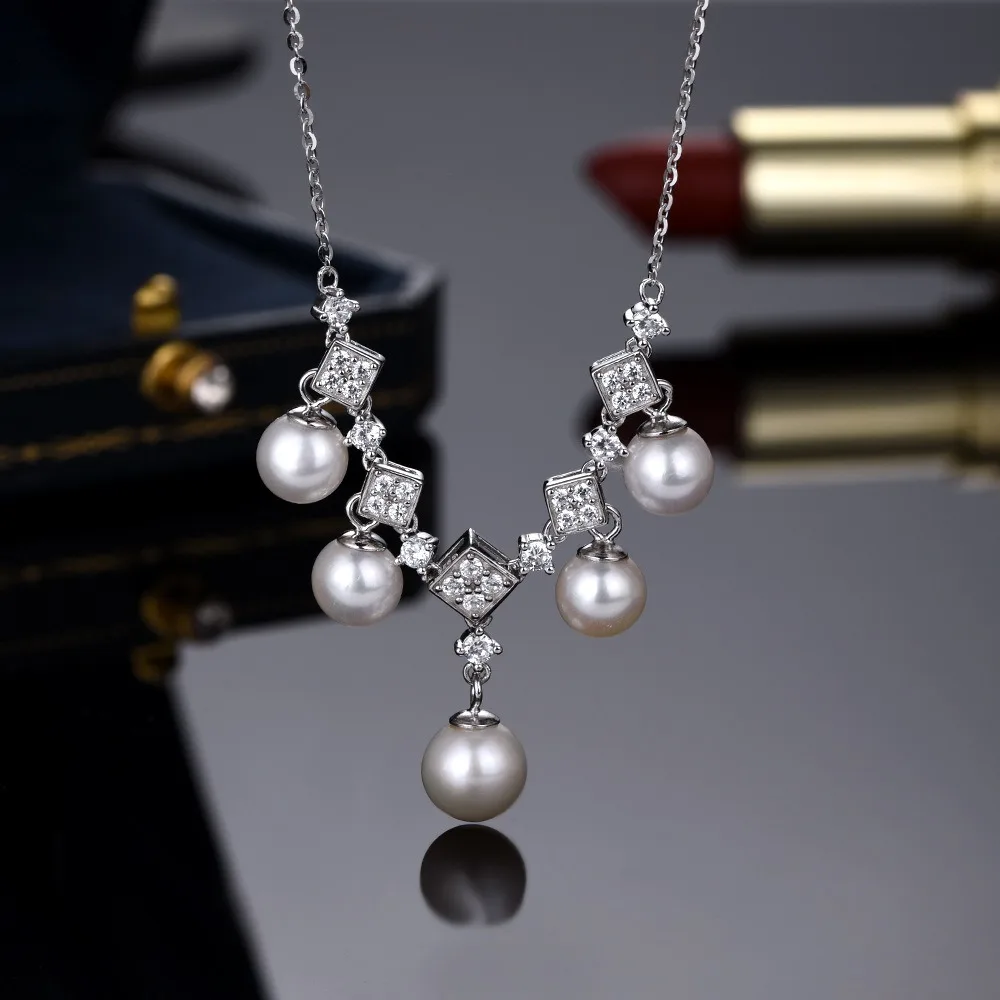 

925 Sterling Silver Pearl High Carbon Diamond Gemstone Sparkling Tassels Pendant Necklace Jewelry Wholesale