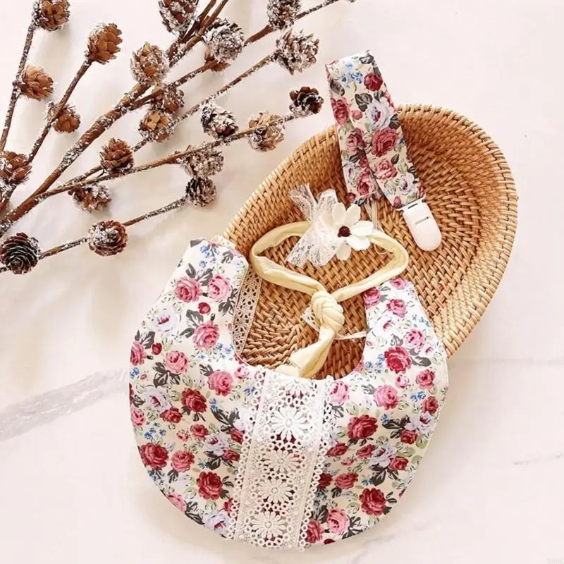 

M89C 3Pcs/lot Baby Headband and Neck Scarf Anti-lost Pacifier Chain Vintage Floral Print Saliva Towel for Newborn Photography