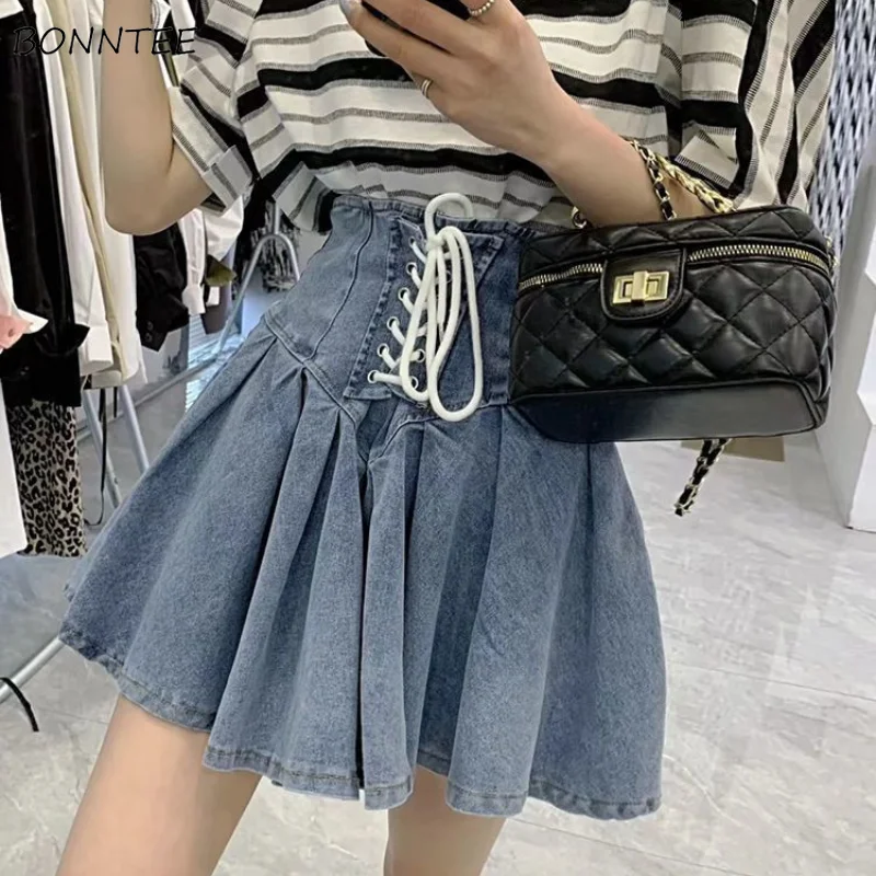 

Women Mini Skirts Summer Streetwear Denim Tender Soft Fashion Pleated Korean Style Charming Faldas Solid Bandage Girls Designed