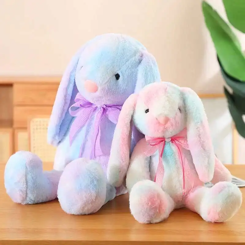 Conejito de Pascua relleno con orejas largas y disquete, juguete de peluche de conejo teñido anudado colorido para dormir, peluche de conejo colorido súper suave