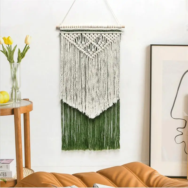 Nordic Style Green Macrame Wall Hanging Tapestry Elegant Bohemian Hand-woven Tapestry for Home Decor Living Room Wall Decoration