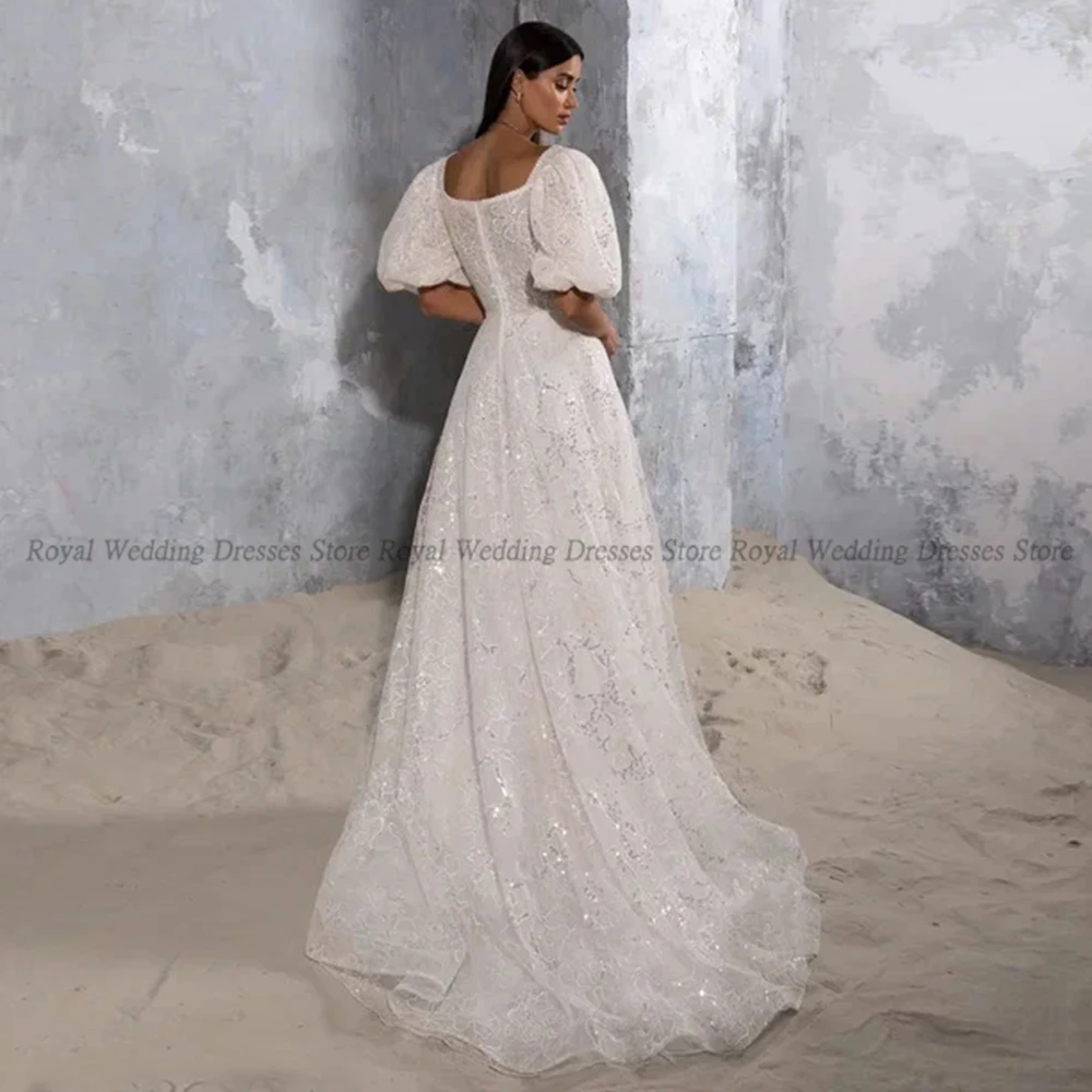 High Quality A Line Wedding Dresses Lace Draped Open Back Puff Sleeve Applique Boat Neck 2022 Floor Length Gowns Robe De Ma