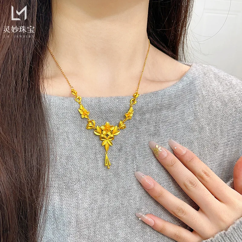 

Luxury 24K 9999 Pure Gold real gold Sansheng Flower Tassel Necklace Happy Flower Wedding Flower Set Chain