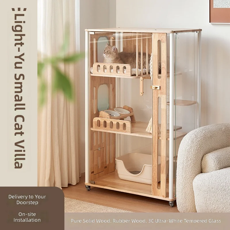 

Small Wooden Cat Villa with Tempered Glass Panels, Indoor Cat Cage & House for Small Apartments, Multi-Level Cat Tree