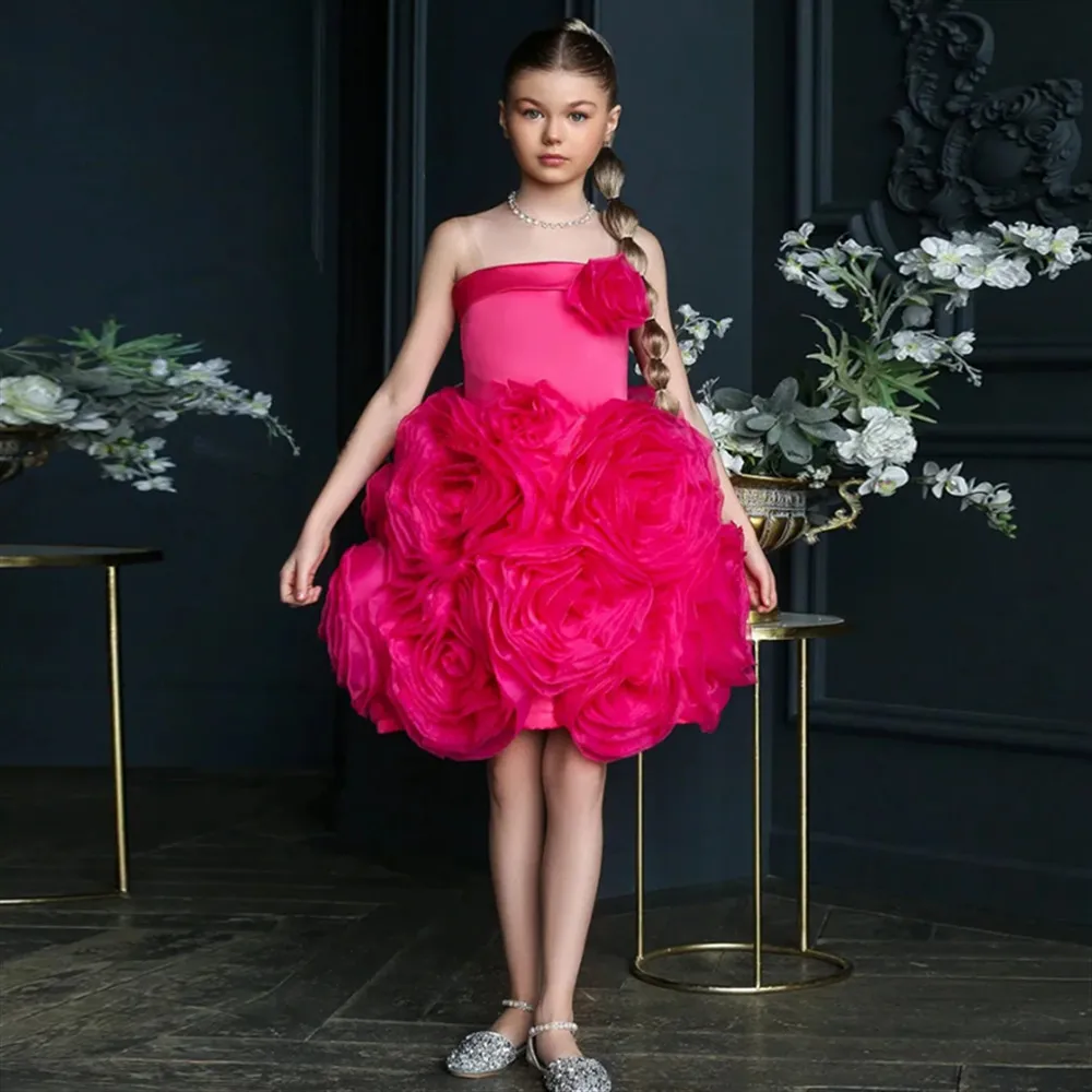 

Flower Girl Wedding Dress Customized Sleeveless Strapless Ruffles Flowers Birthday Party Gown for Pageant Communion Dress