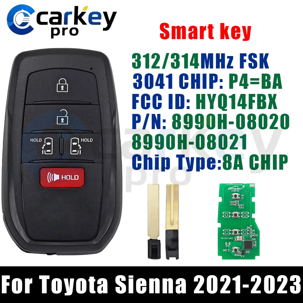 Carkeypro 4+1 Buttons 312/314Mhz HYQ14FBX 8A Chip Smart Key For Toyota Sienna 2021-2023