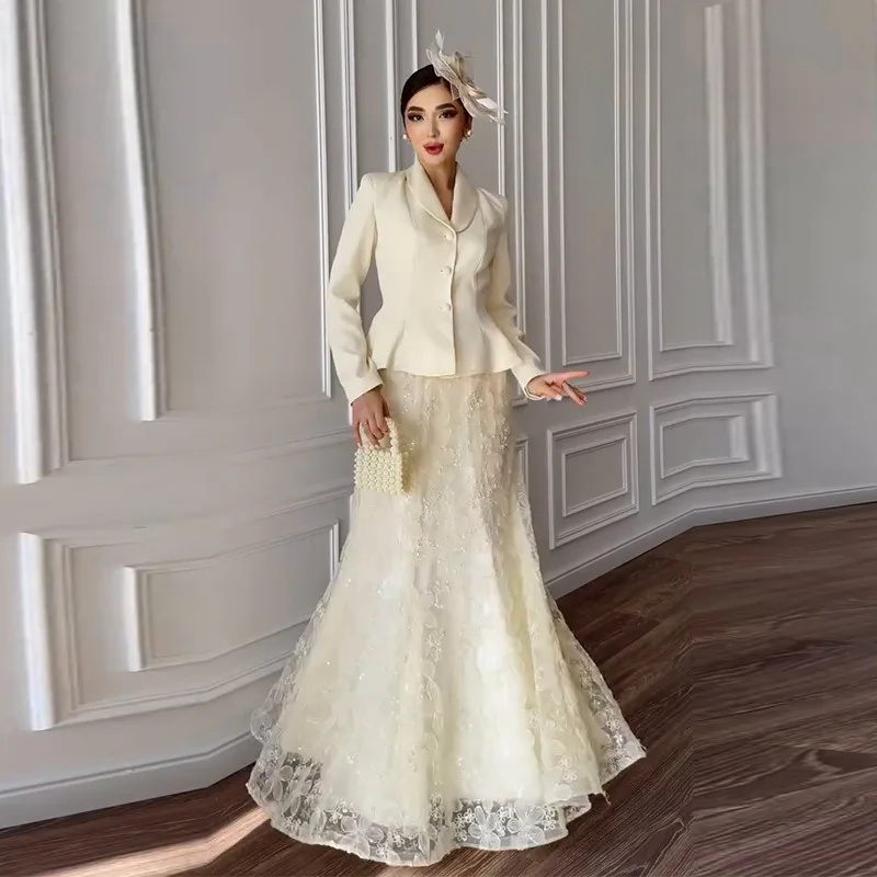 

Skirt Suit Women Eid Coat Long Skirts 2 Piece Set Single Breasted Jacket Muslim Lace Ensemble Ramadan Dubai Party Outfits 2026