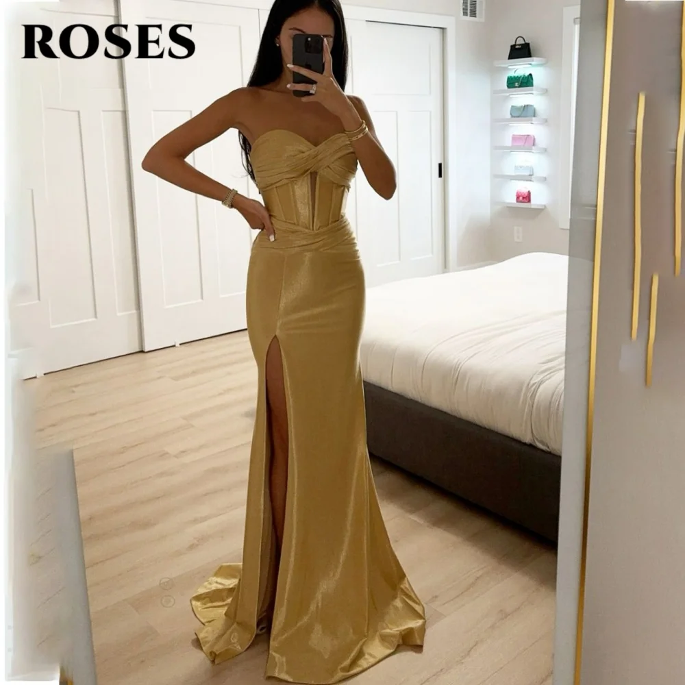 

ROSES Gold Elegant Prom Dresses Sweetheart Hollow Evening Gown with Fishbone Satin Side High Split Formal Gown 프롬 드레스 Customized