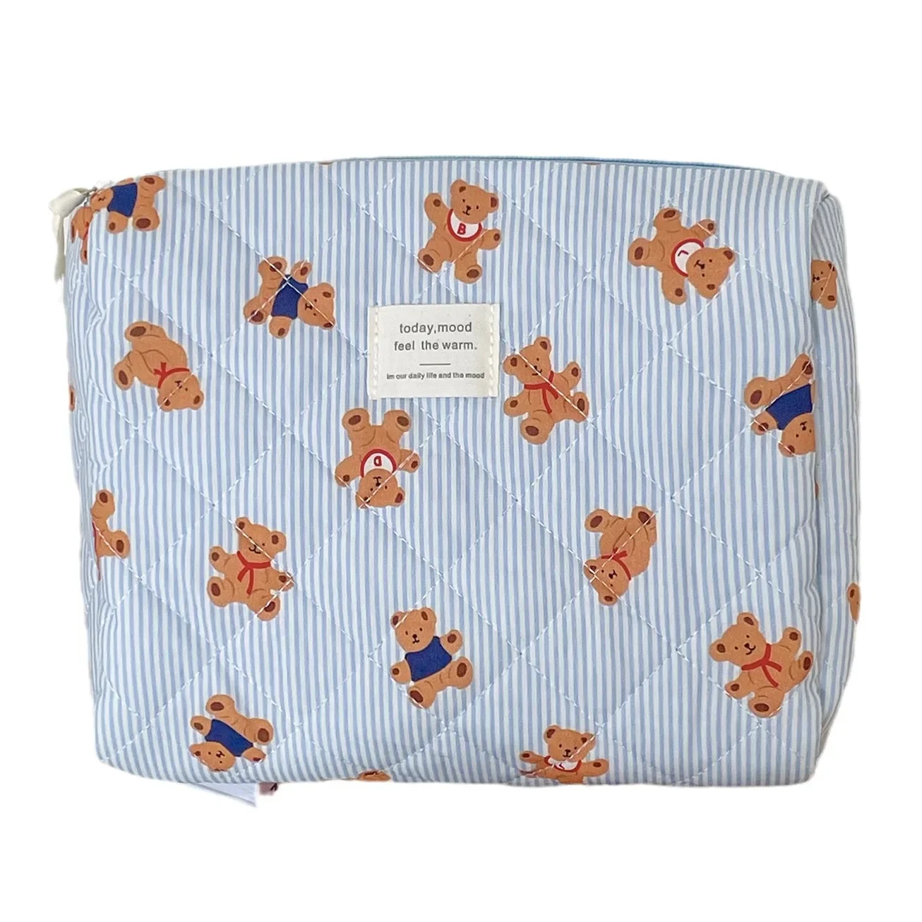 حقيبة مستحضرات التجميل المحمولة ذات سعة كبيرة باللون الأزرق المخطط بتصميم كرتوني للنساء على شكل قلب للسفر في الهواء الطلق حقيبة تخزين أدوات الزينة #5