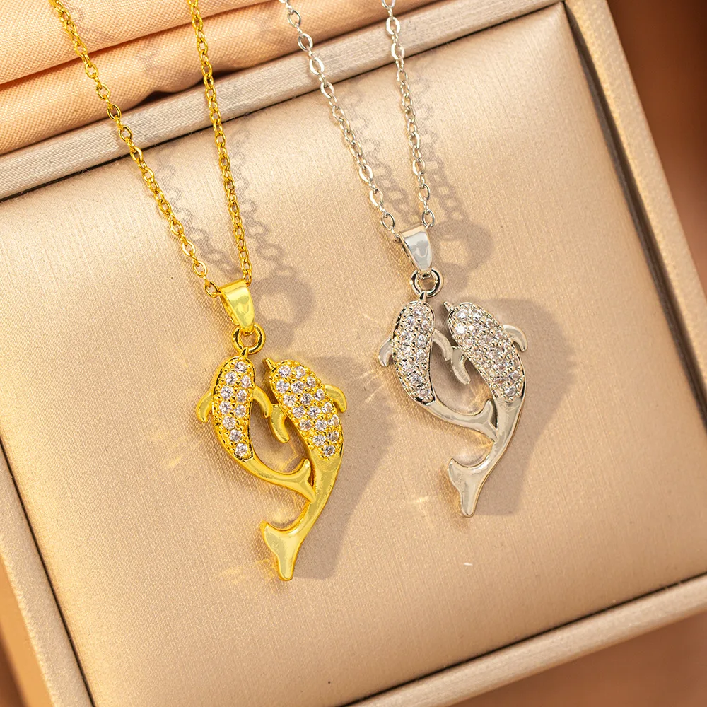 

Luxury Double Dolphin Pendant Necklace TitaniumSteel Chain Full Zircon Inlay Women's Elegant High-end Clavicle Jewelry Wholesale